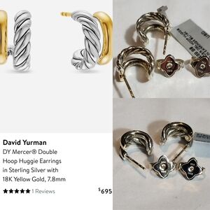 David Yurman Two-Tone Twisted Double Hoop Huggie Earrings - Silver & Gold. 307